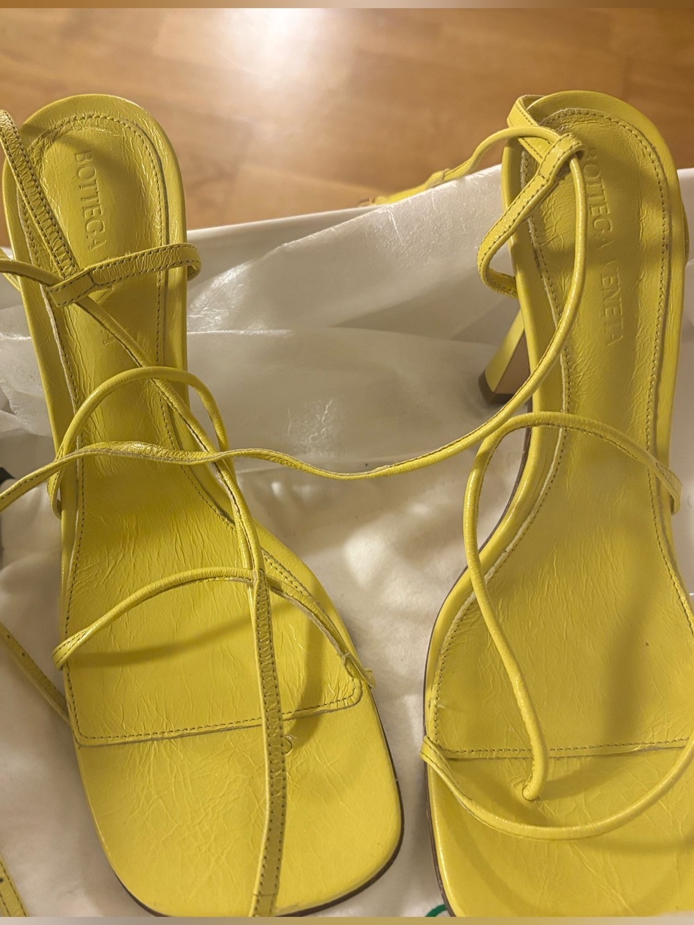 Bottega Veneta Lemon Yellow Wrap-Strap Square-Toe Heels